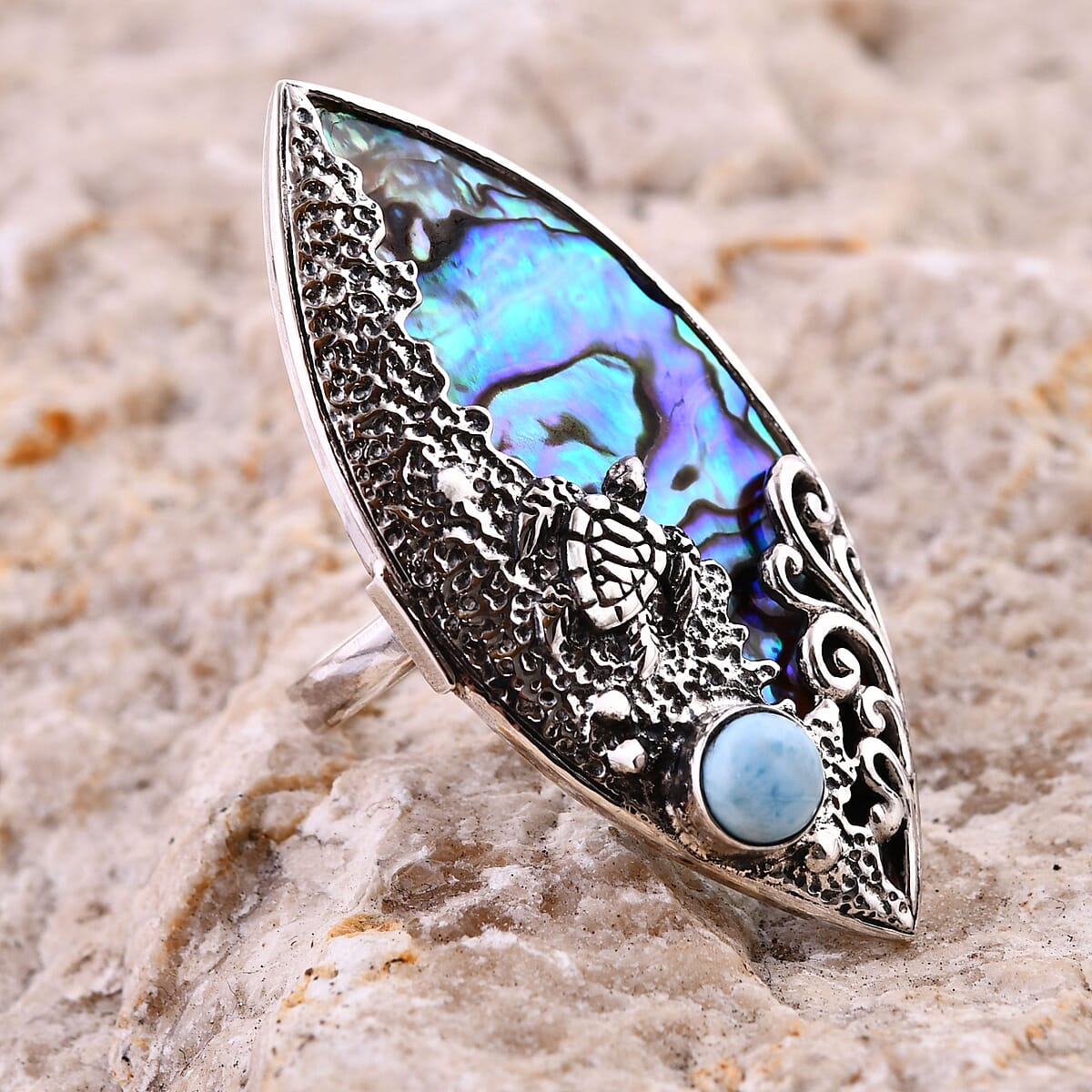 Bali Legacy Abalone Shell and Larimar Sea Turtle Ring in Sterling Silver (Size 6.0) 1.00 ctw image number 1