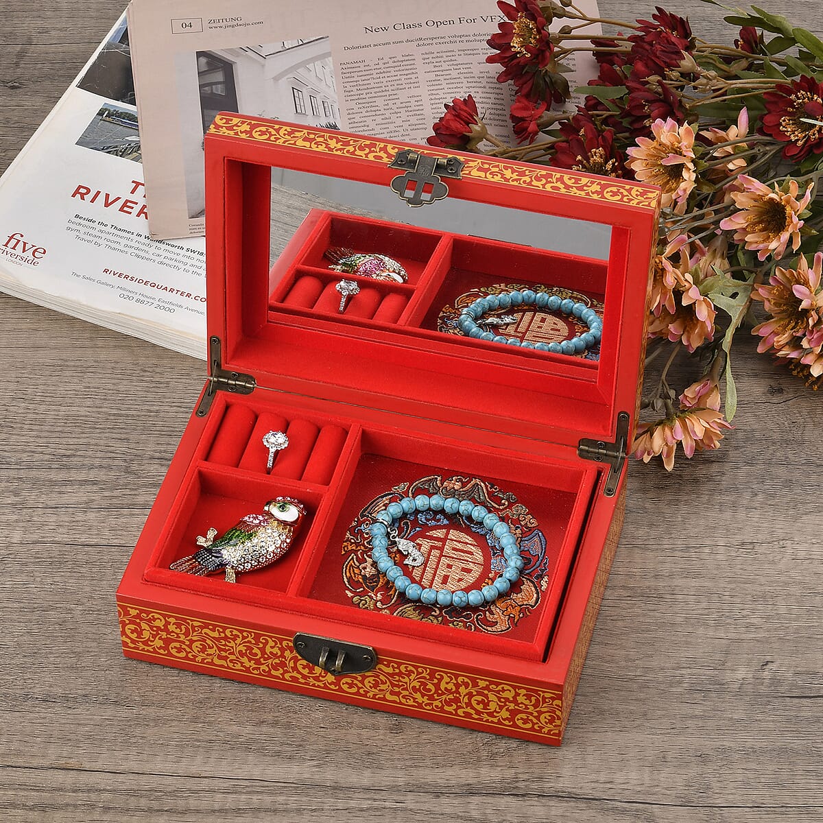 Red with Begonia Floral 2 Layer Jewelry Box with Antique Metal Closure image number 1