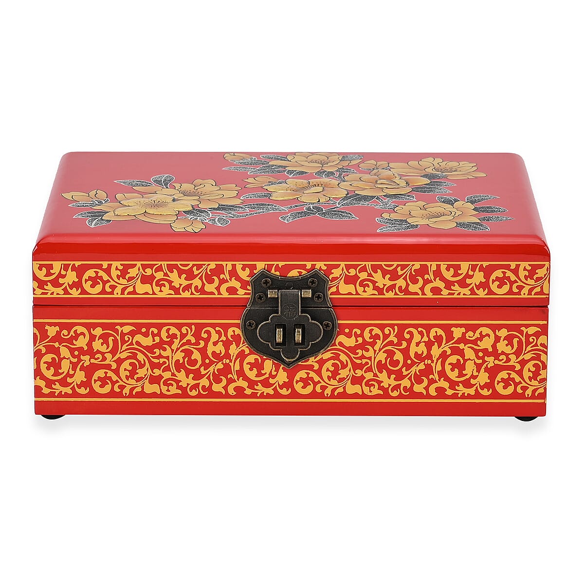 Red with Begonia Floral 2 Layer Jewelry Box with Antique Metal Closure image number 2