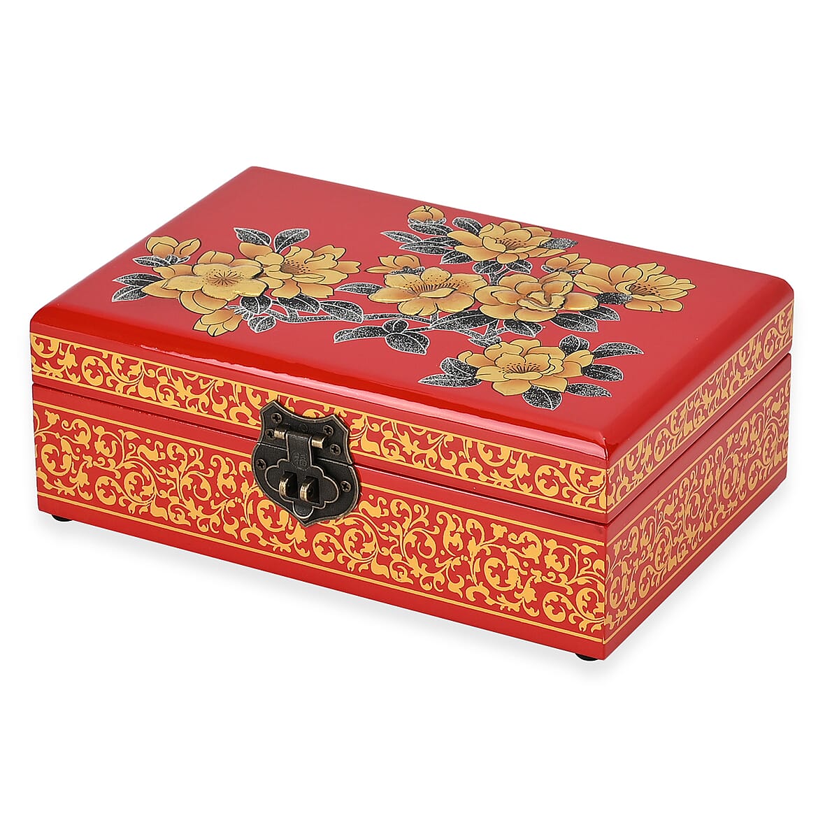 Red with Begonia Floral 2 Layer Jewelry Box with Antique Metal Closure image number 3