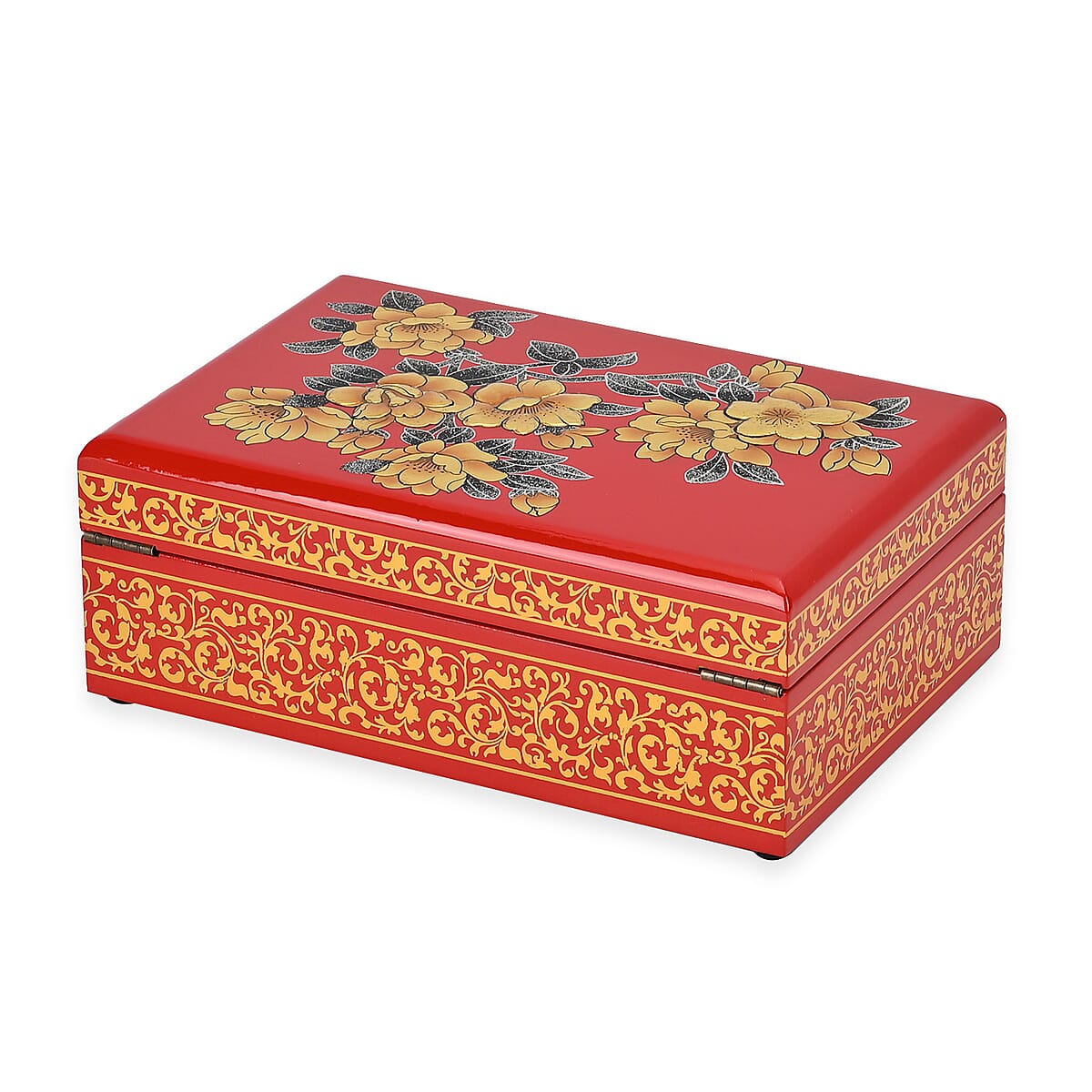 Red with Begonia Floral 2 Layer Jewelry Box with Antique Metal Closure image number 4