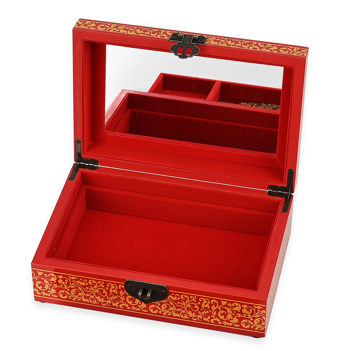 Red with Begonia Floral 2 Layer Jewelry Box with Antique Metal Closure image number 5