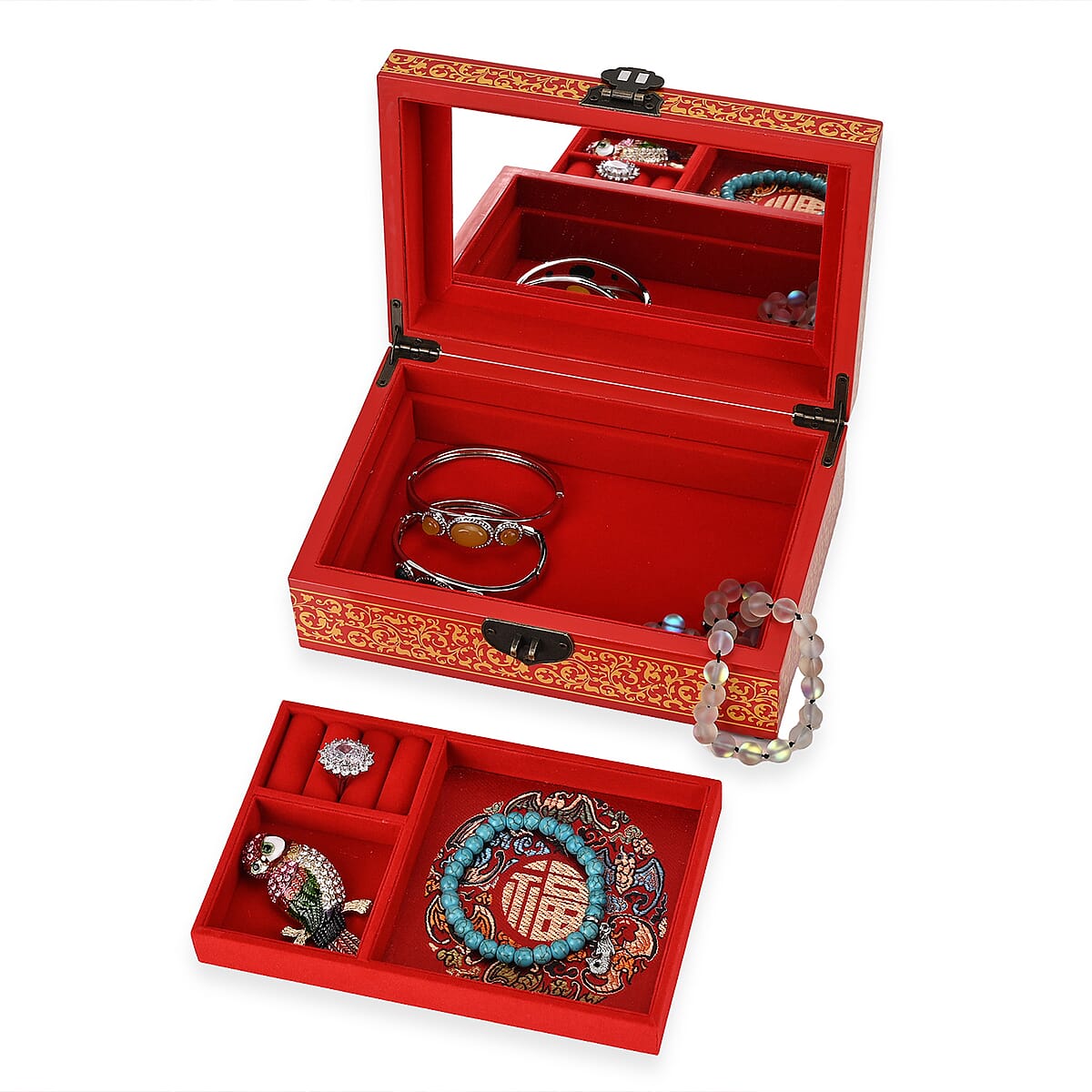 Red with Begonia Floral 2 Layer Jewelry Box with Antique Metal Closure image number 6