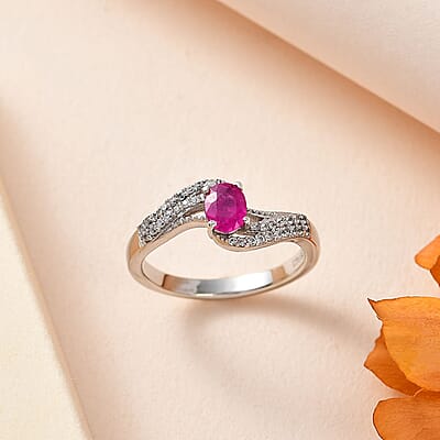 Montepuez Ruby, White Zircon Bypass Ring in Platinum Over Sterling Silver (Size 10.0) 0.65 ctw