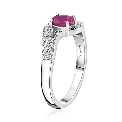 Montepuez Ruby, White Zircon Bypass Ring in Platinum Over Sterling Silver (Size 10.0) 0.65 ctw
