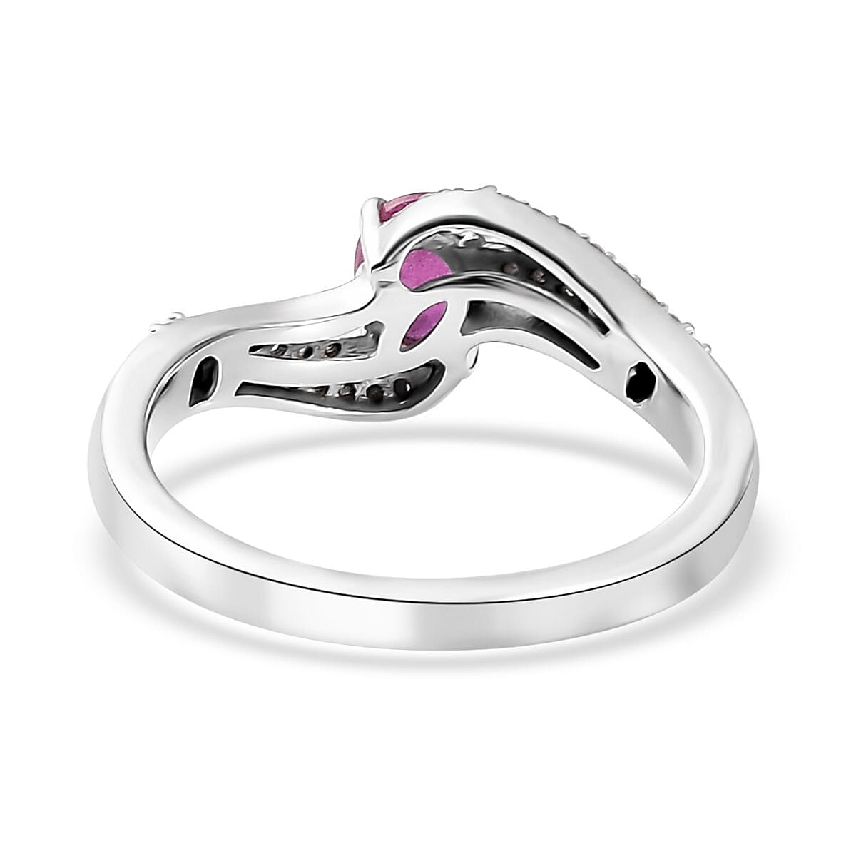 Montepuez Ruby, White Zircon Bypass Ring in Platinum Over Sterling Silver (Size 10.0) 0.65 ctw