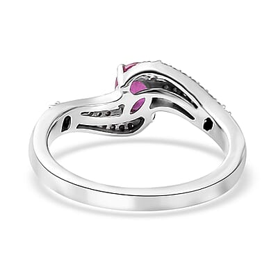 Montepuez Ruby, White Zircon Bypass Ring in Platinum Over Sterling Silver (Size 10.0) 0.65 ctw