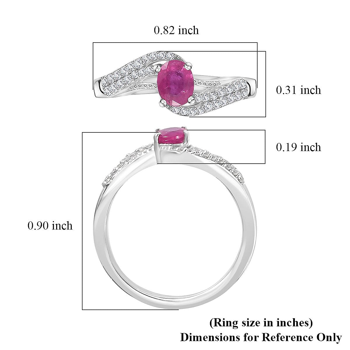 Montepuez Ruby, White Zircon Bypass Ring in Platinum Over Sterling Silver (Size 10.0) 0.65 ctw