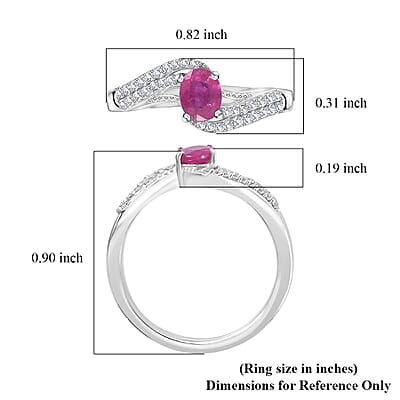 Montepuez Ruby, White Zircon Bypass Ring in Platinum Over Sterling Silver (Size 10.0) 0.65 ctw