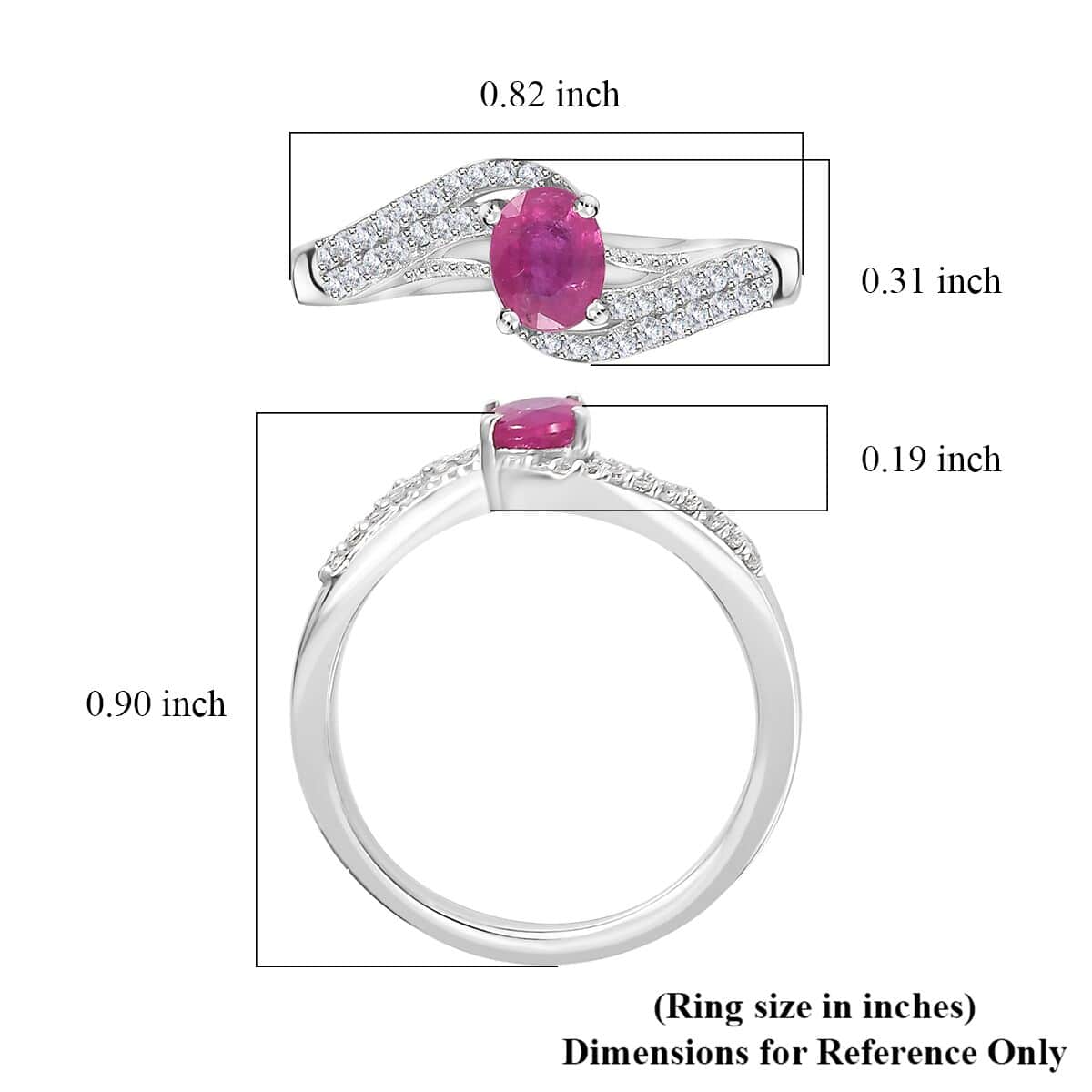 Montepuez Ruby and White Zircon Bypass Ring in Platinum Over Sterling Silver (Size 5.0) 0.65 ctw image number 5