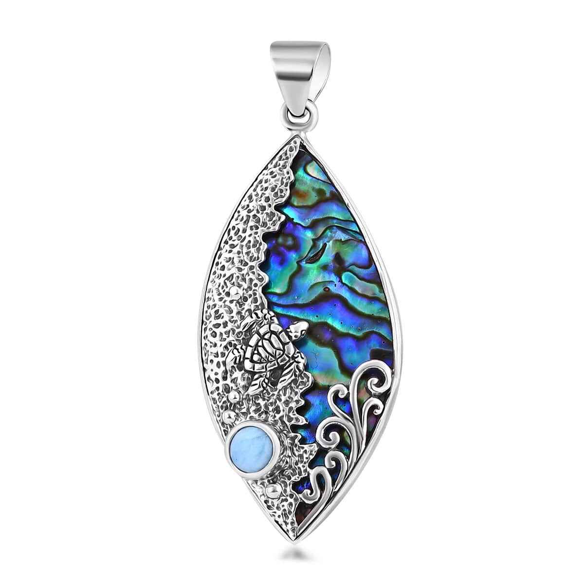 Bali Legacy Abalone Shell and Larimar Sea Turtle Pendant in Sterling Silver 1.00 ctw image number 0