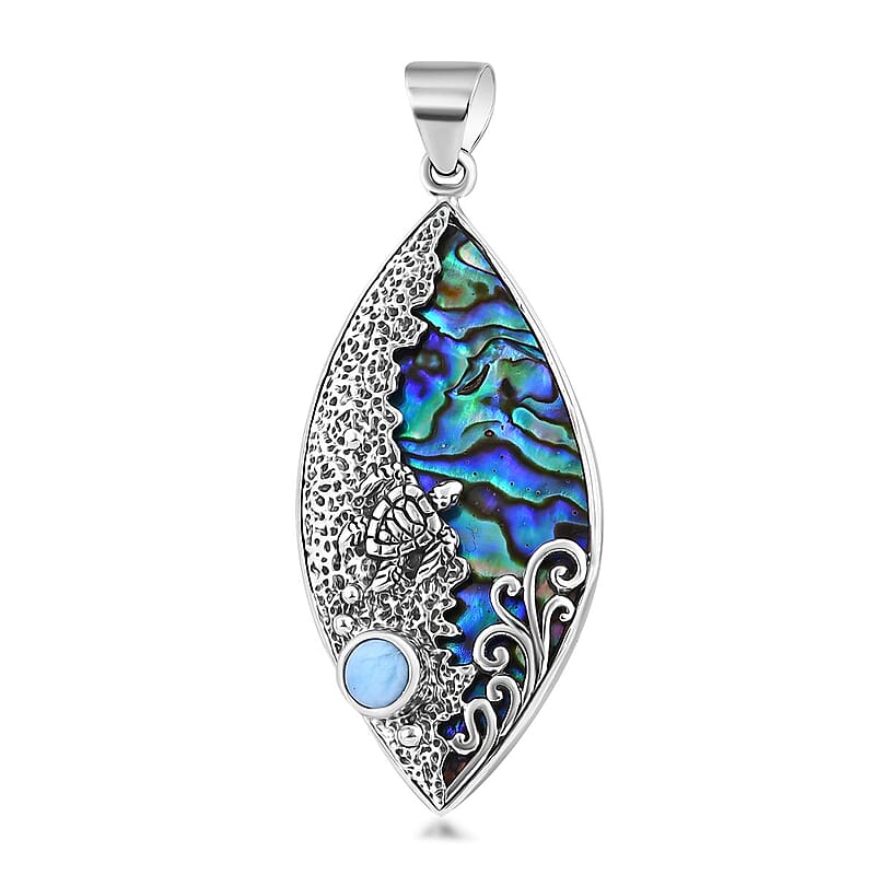 Bali Legacy Abalone Shell and Larimar Sea Turtle Pendant without Chain in Sterling Silver 1.00 ctw