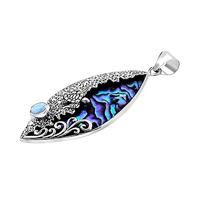 Bali Legacy Abalone Shell and Larimar Sea Turtle Pendant without Chain in Sterling Silver 1.00 ctw