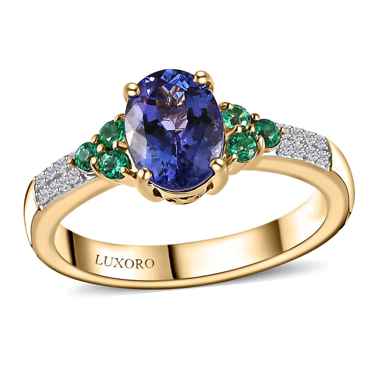 Luxoro 10K Yellow Gold AAA Tanzanite, Boyaca Colombian Emerald and G-H I2 Diamond Ring (Size 7.0) 2.00 ctw image number 0