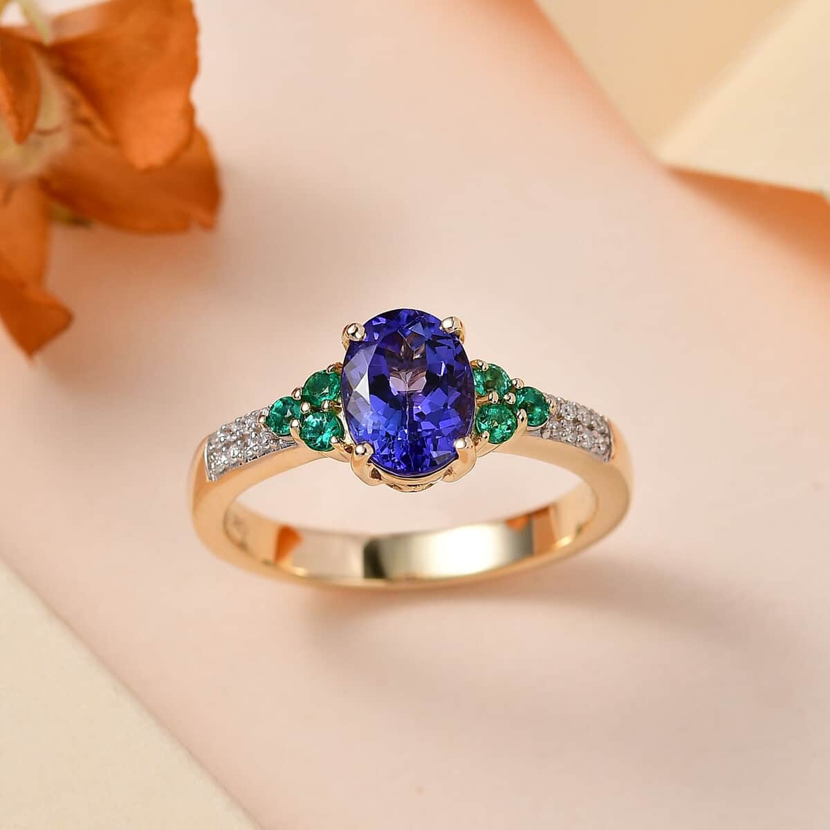 Luxoro 10K Yellow Gold AAA Tanzanite, Boyaca Colombian Emerald and G-H I2 Diamond Ring (Size 8.0) 2.00 ctw image number 1