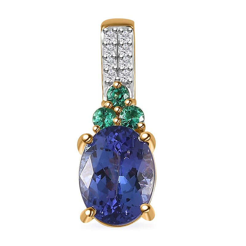 Luxoro 10K Yellow Gold AAA Tanzanite and Boyaca Colombian Emerald and G-H I2 Diamond Pendant without Chain 1.90 ctw