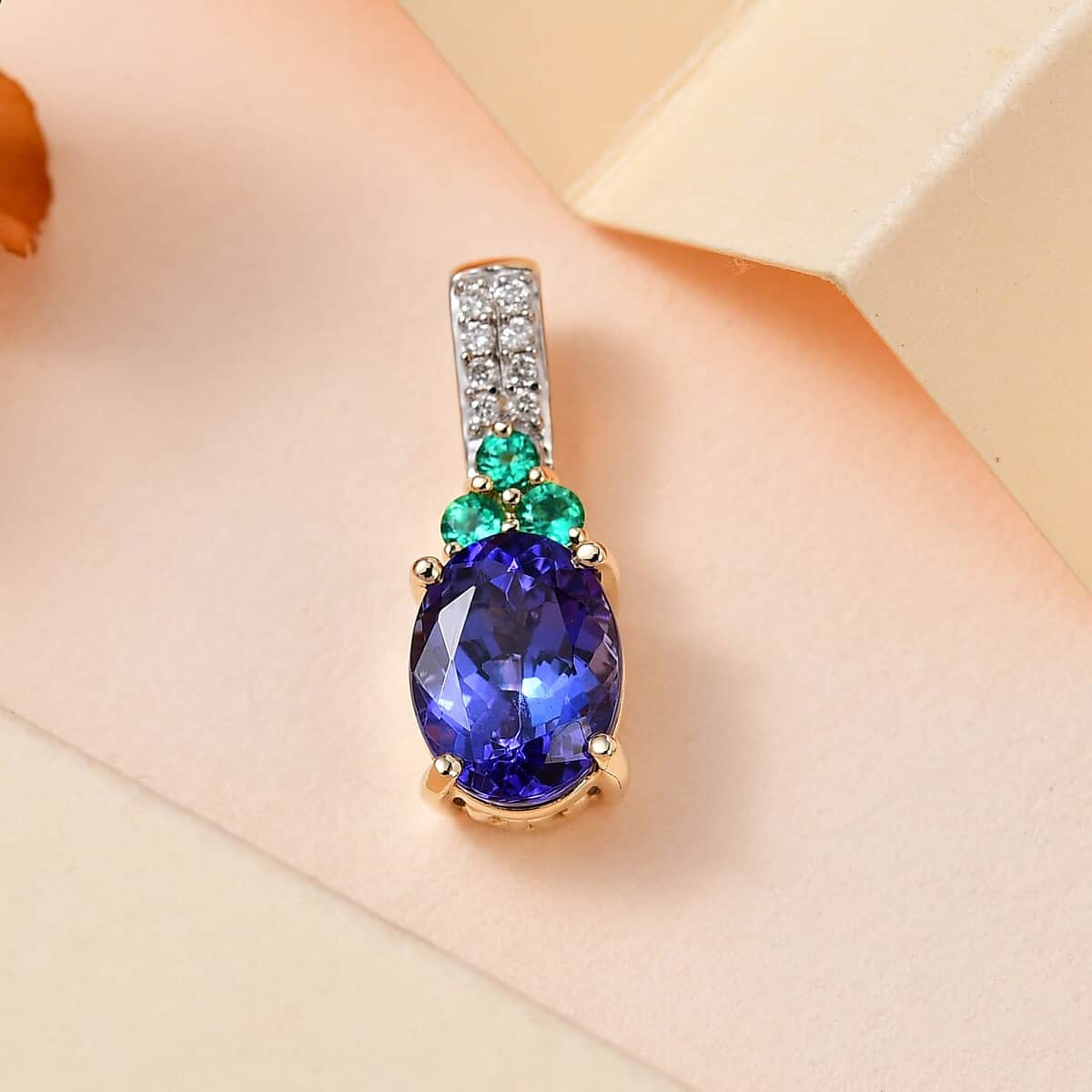 Luxoro 10K Yellow Gold AAA Tanzanite and Boyaca Colombian Emerald and G-H I2 Diamond Pendant 1.90 ctw image number 1