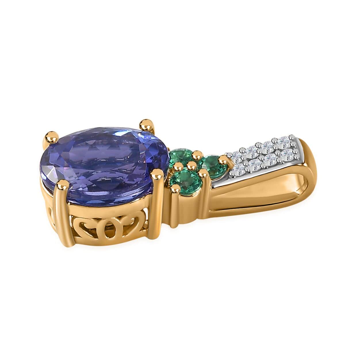 Luxoro 10K Yellow Gold AAA Tanzanite and Boyaca Colombian Emerald and G-H I2 Diamond Pendant 1.90 ctw image number 3