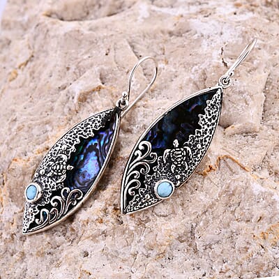 Bali Legacy Abalone Shell and Larimar Sea Turtle Earrings in Sterling Silver 0.75 ctw