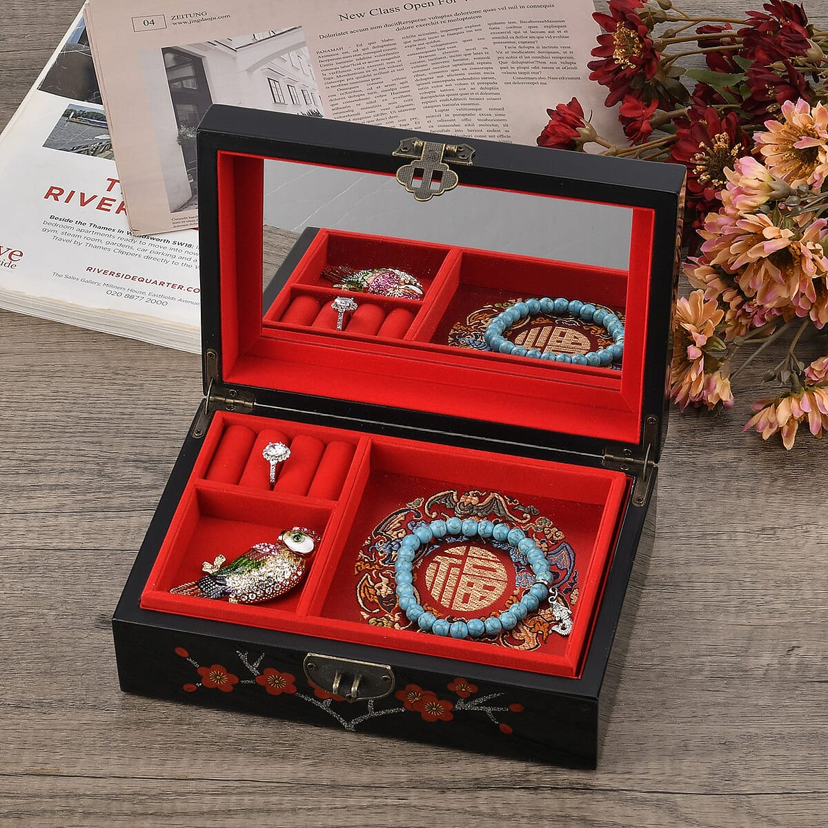 Black Ground with Plum Blossom 2 Layer Jewelry Box with Antique Metal Closure image number 1