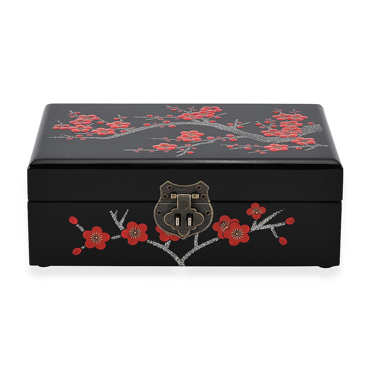 Black Ground with Plum Blossom 2 Layer Jewelry Box with Antique Metal Closure image number 2
