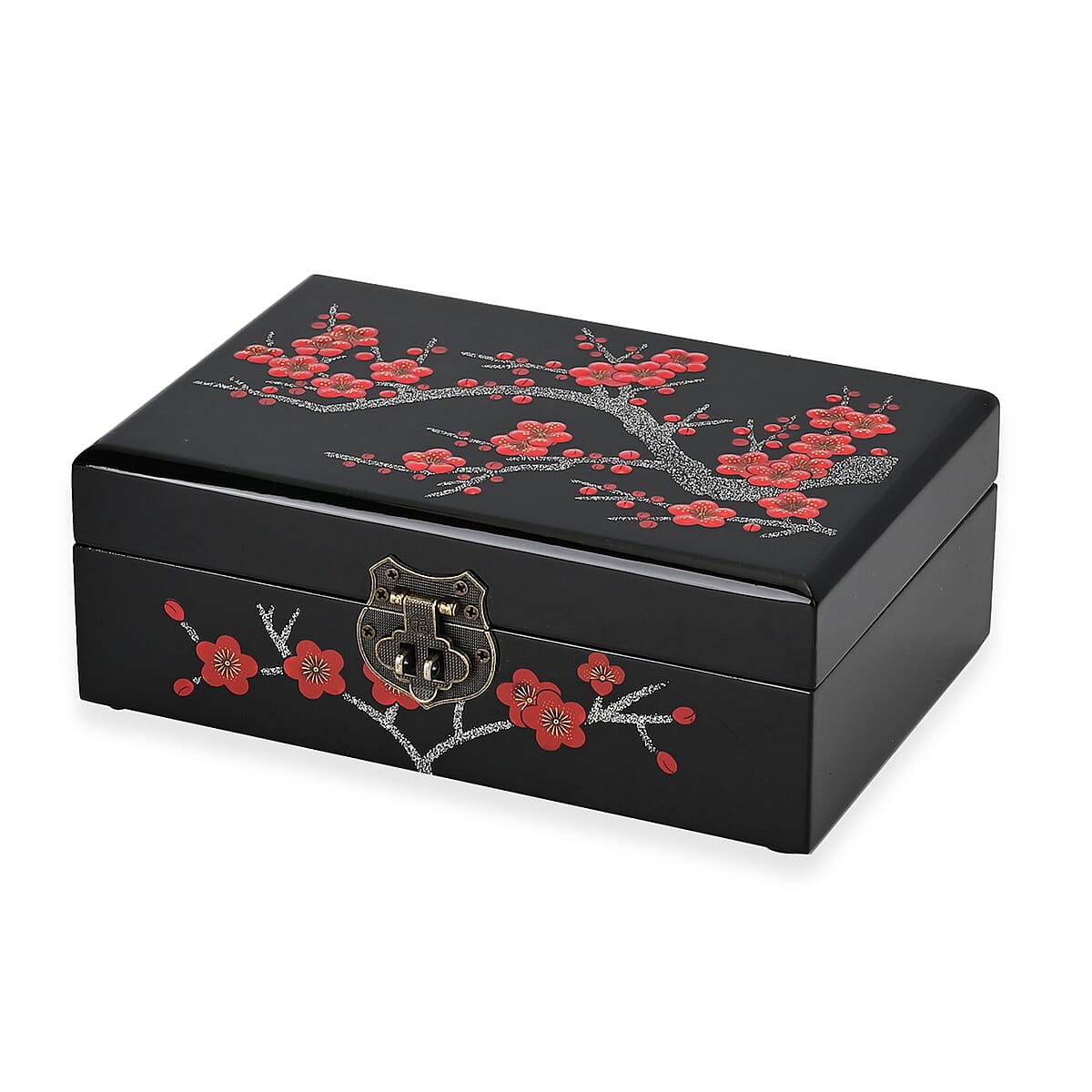 Black Ground with Plum Blossom 2 Layer Jewelry Box with Antique Metal Closure image number 3