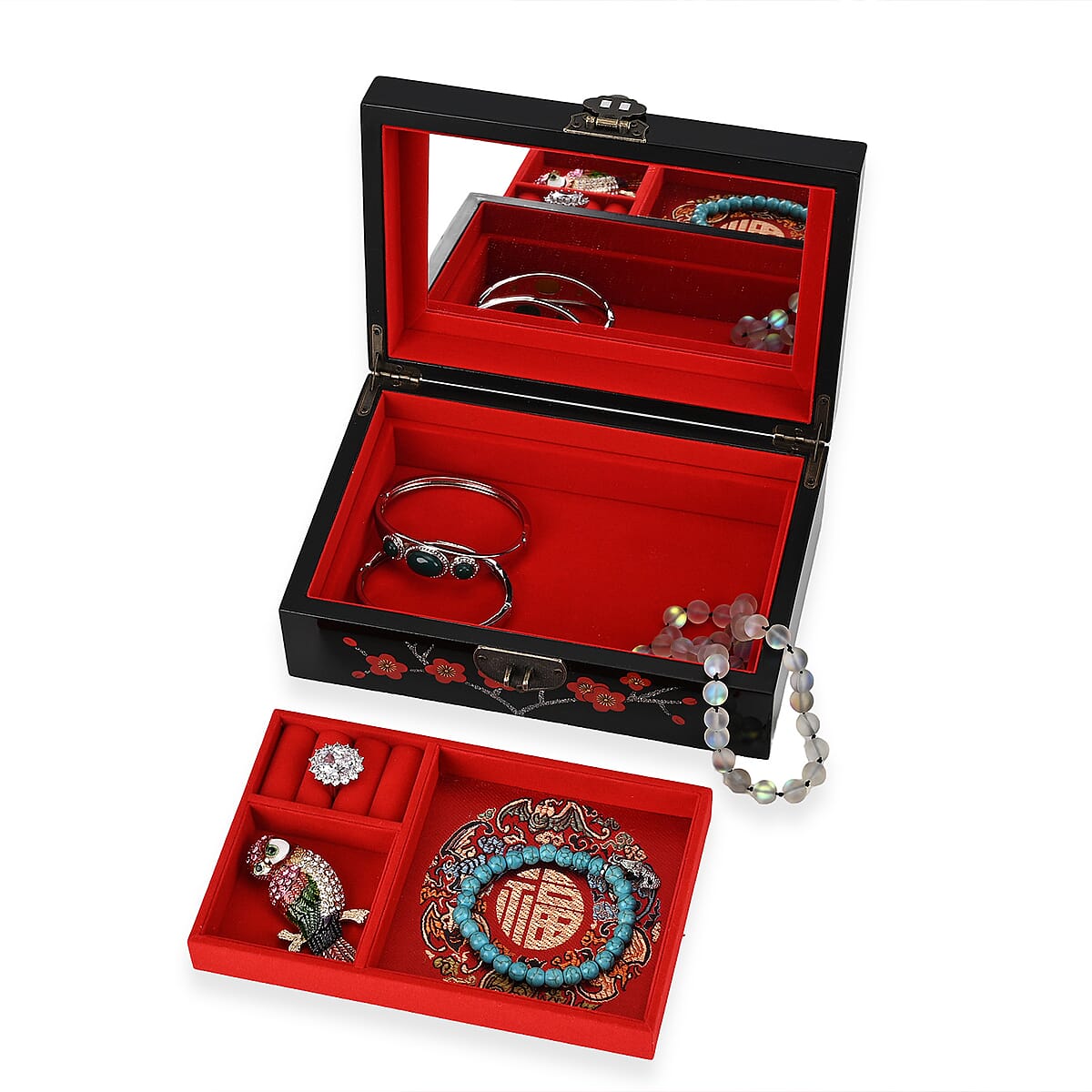 Black Ground with Plum Blossom 2 Layer Jewelry Box with Antique Metal Closure image number 6