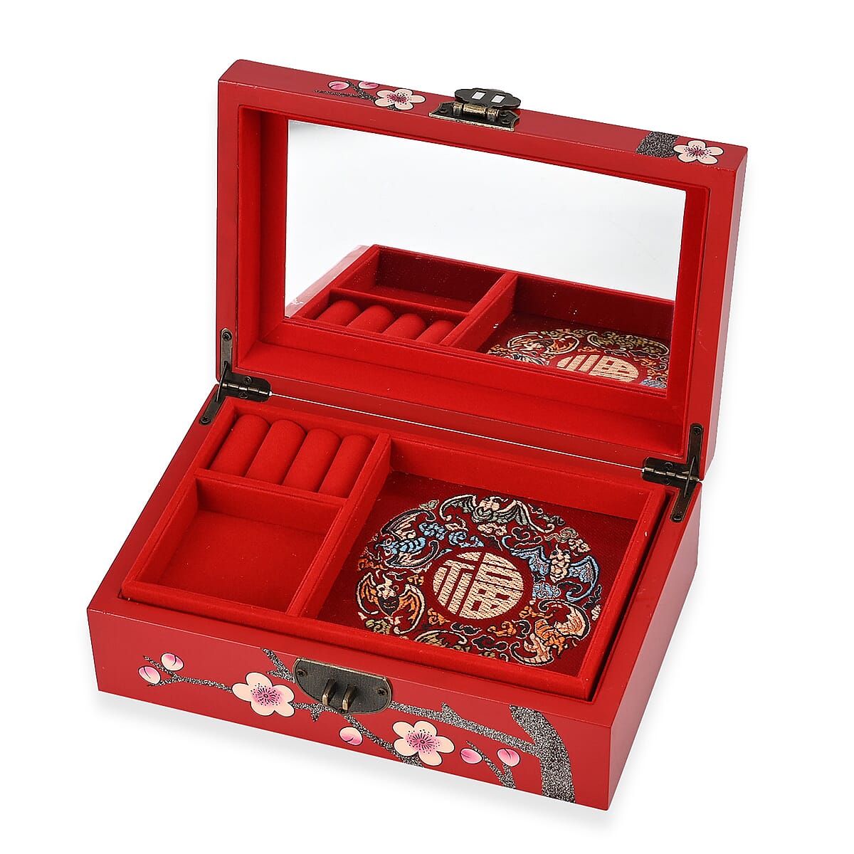 Red Ground with Two Birds 2 Layer Jewelry Box with Antique Metal Closure image number 0