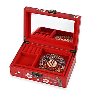 Red Ground with Two Birds 2 Layer Jewelry Box with Antique Metal Closure