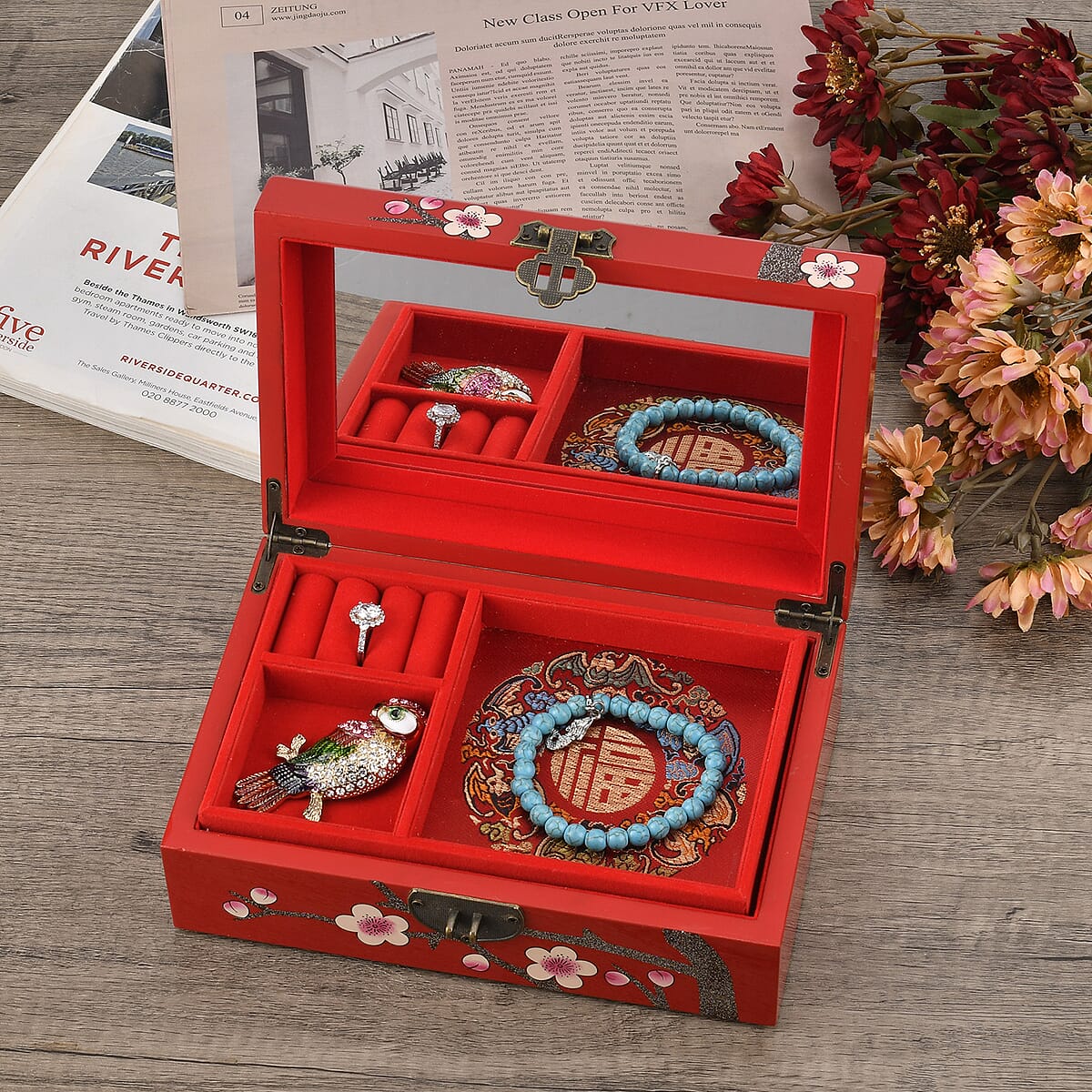 Red Ground with Two Birds 2 Layer Jewelry Box with Antique Metal Closure image number 1