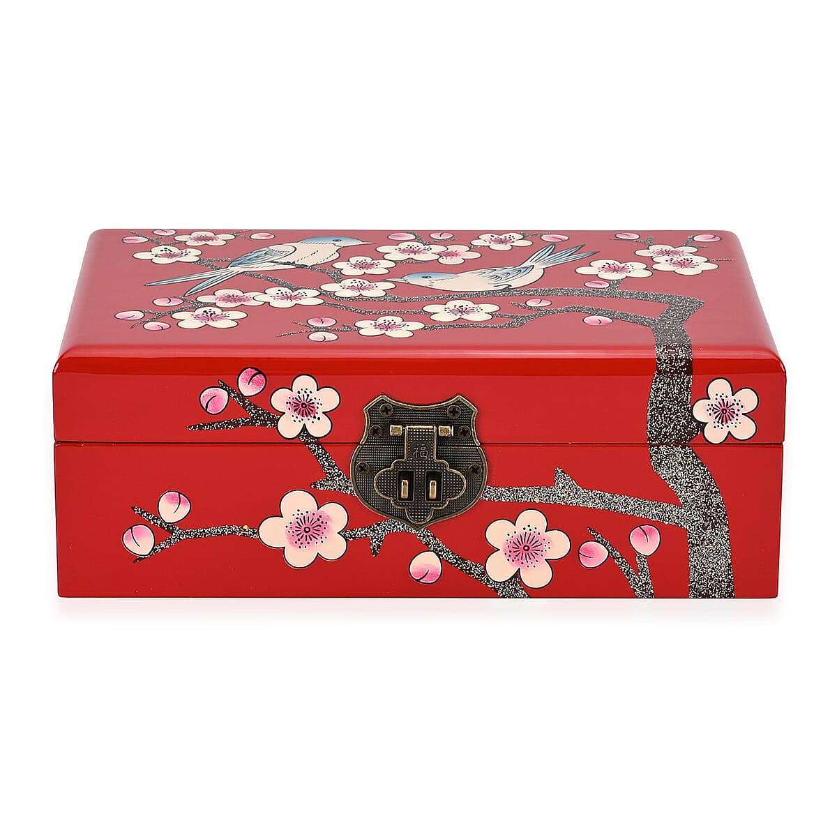 Red Ground with Two Birds 2 Layer Jewelry Box with Antique Metal Closure image number 2