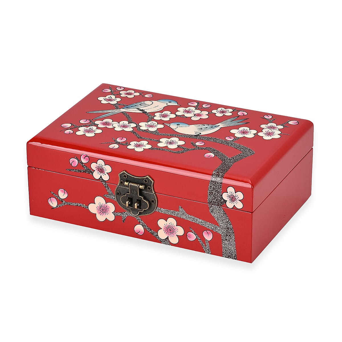 Red Ground with Two Birds 2 Layer Jewelry Box with Antique Metal Closure image number 3