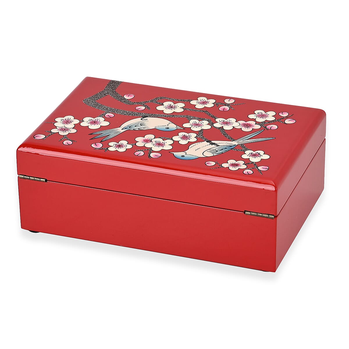 Red Ground with Two Birds 2 Layer Jewelry Box with Antique Metal Closure image number 4