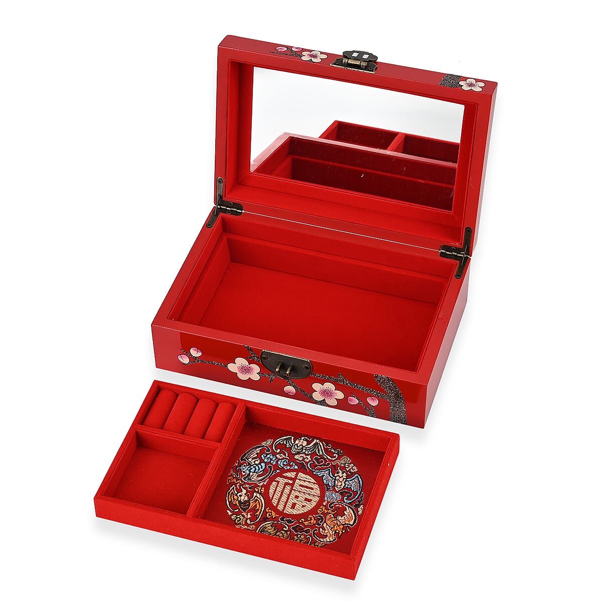 Red Ground with Two Birds 2 Layer Jewelry Box with Antique Metal Closure image number 5
