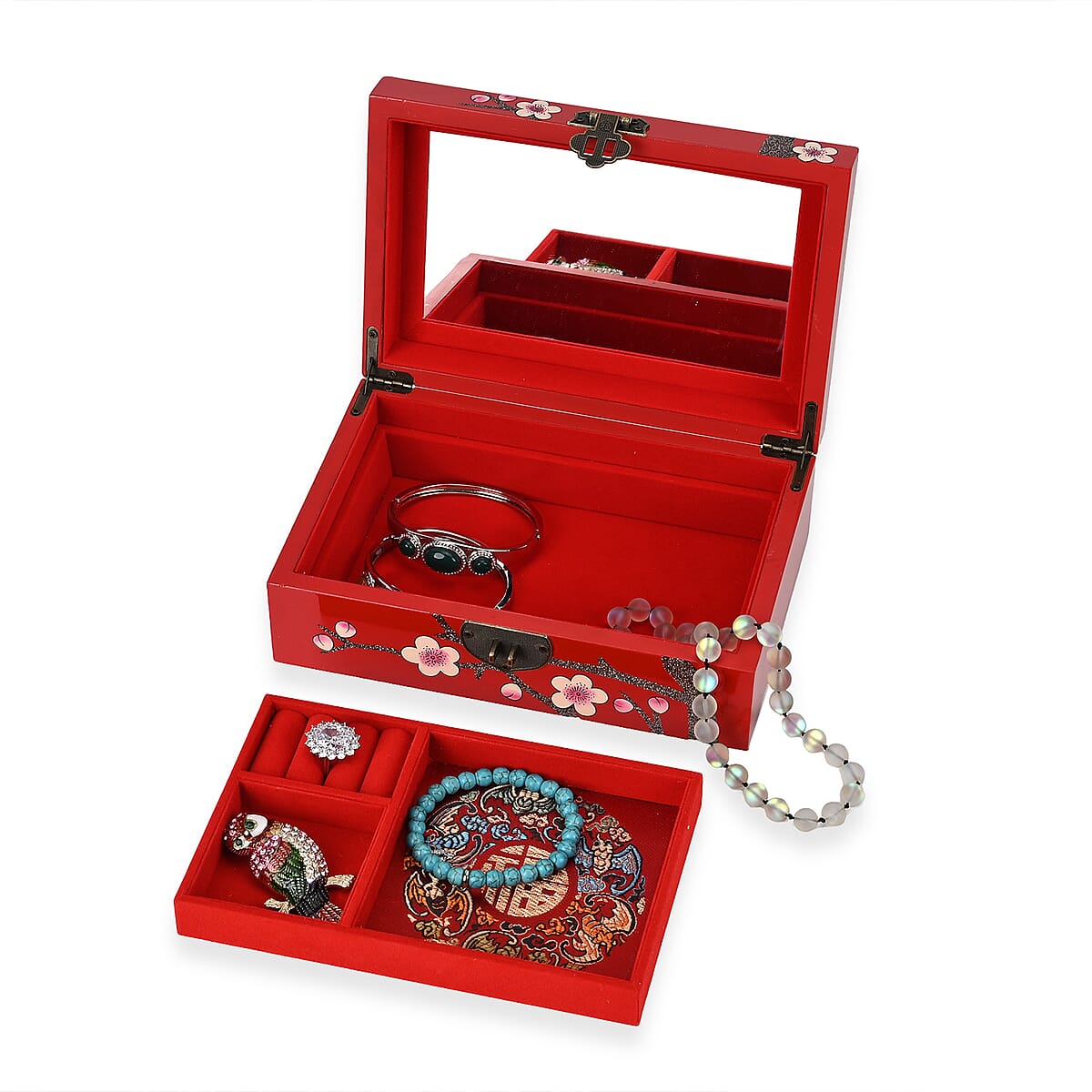 Red Ground with Two Birds 2 Layer Jewelry Box with Antique Metal Closure image number 6