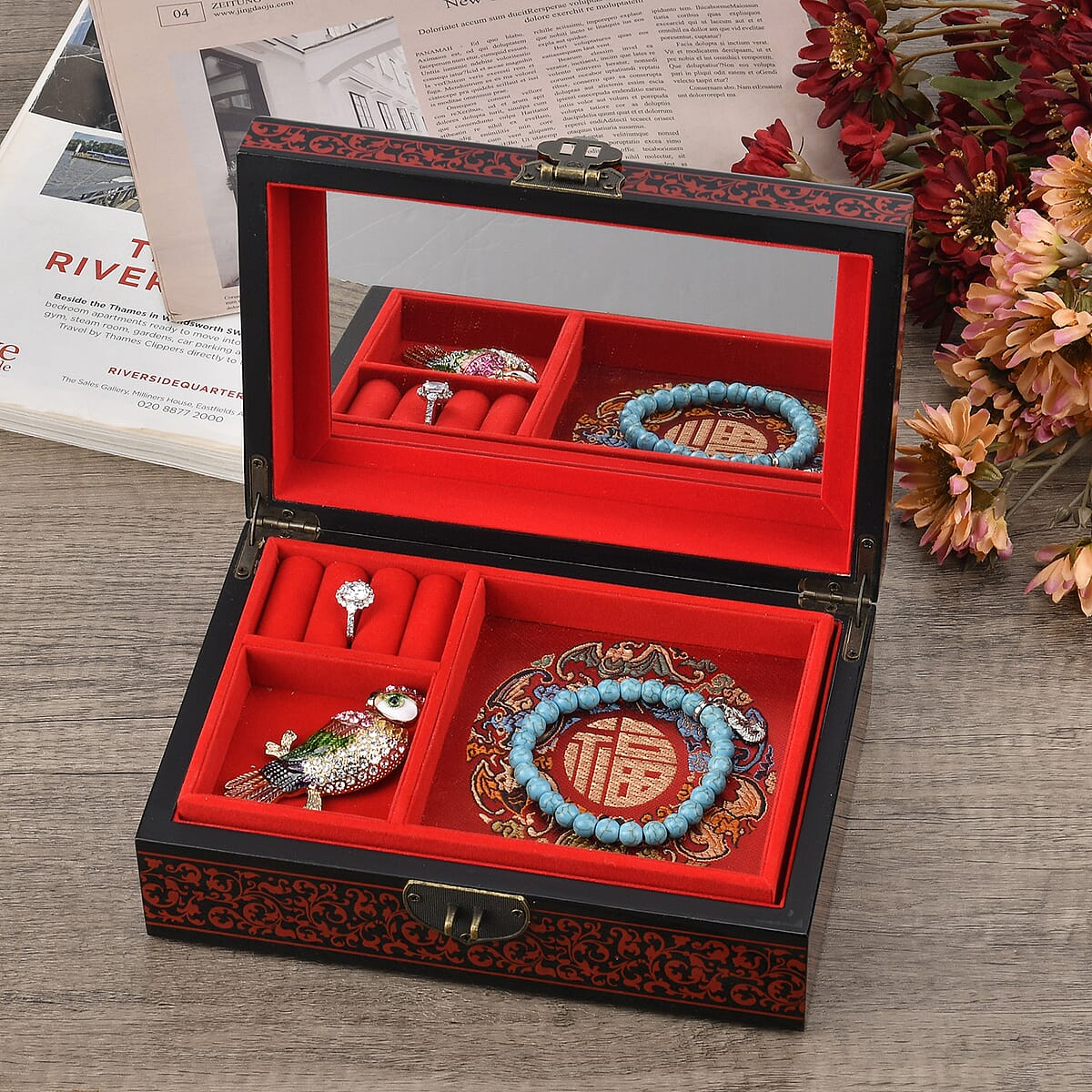 Red Ground with Peony 2 Layer Jewelry Box with Antique Metal Closure image number 1