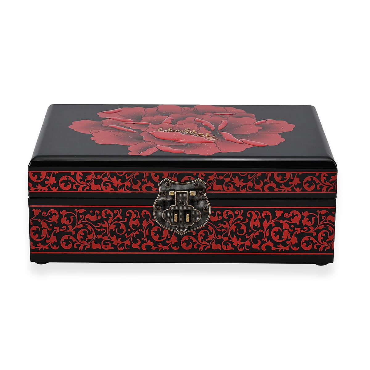 Red Ground with Peony 2 Layer Jewelry Box with Antique Metal Closure image number 2