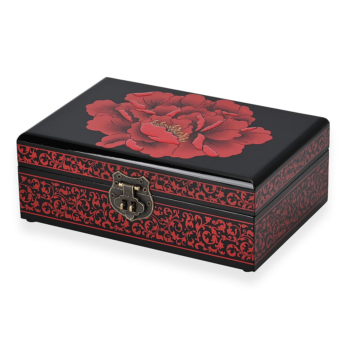 Red Ground with Peony 2 Layer Jewelry Box with Antique Metal Closure image number 3