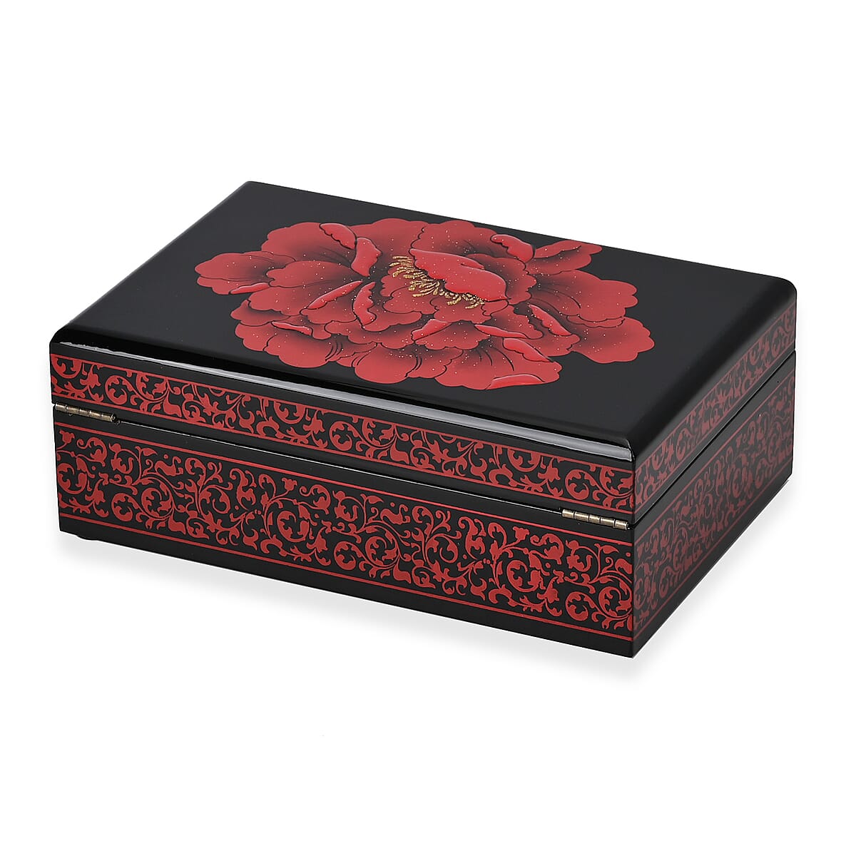 Red Ground with Peony 2 Layer Jewelry Box with Antique Metal Closure image number 4