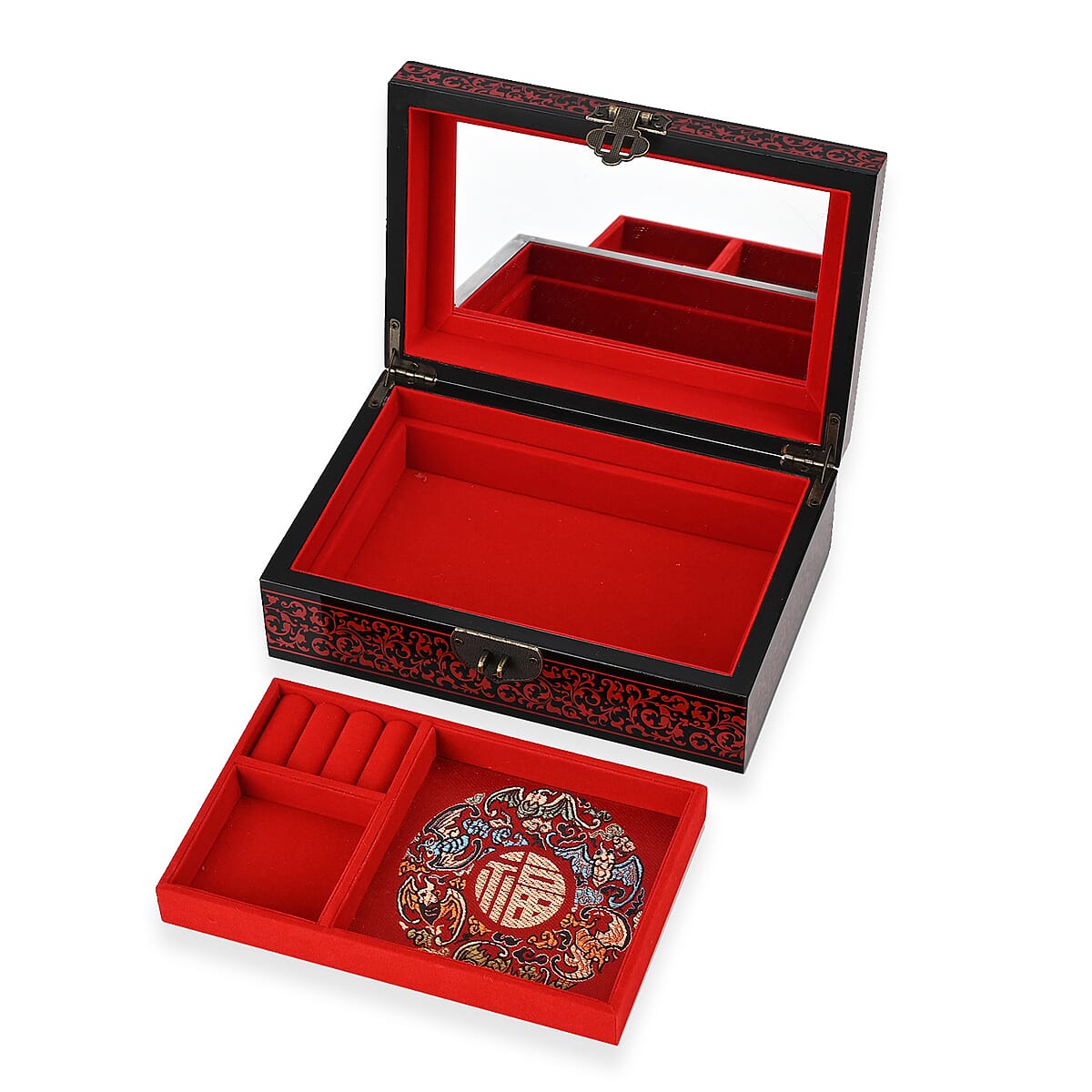 Red Ground with Peony 2 Layer Jewelry Box with Antique Metal Closure image number 5