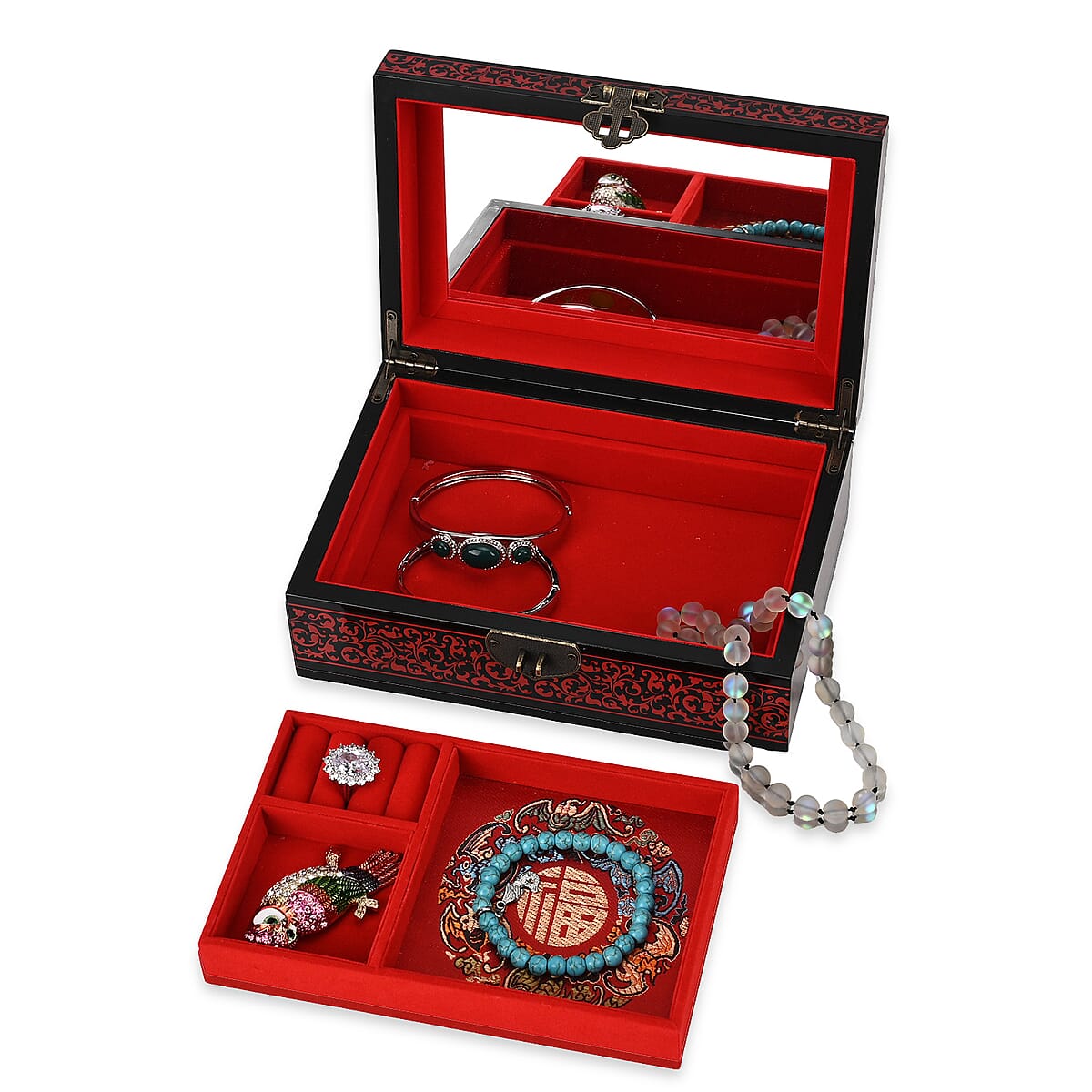 Red Ground with Peony 2 Layer Jewelry Box with Antique Metal Closure image number 6