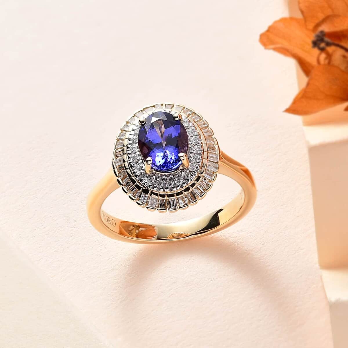 Luxoro AAA Tanzanite and G-H I2 Diamond 1.65 ctw Double Halo Ring in 10K Yellow Gold (Size 7.0) image number 1