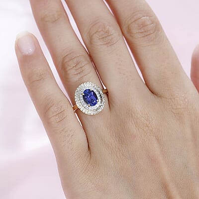 Luxoro AAA Tanzanite and G-H I2 Diamond 1.65 ctw Double Halo Ring in 10K Yellow Gold (Size 7.0)