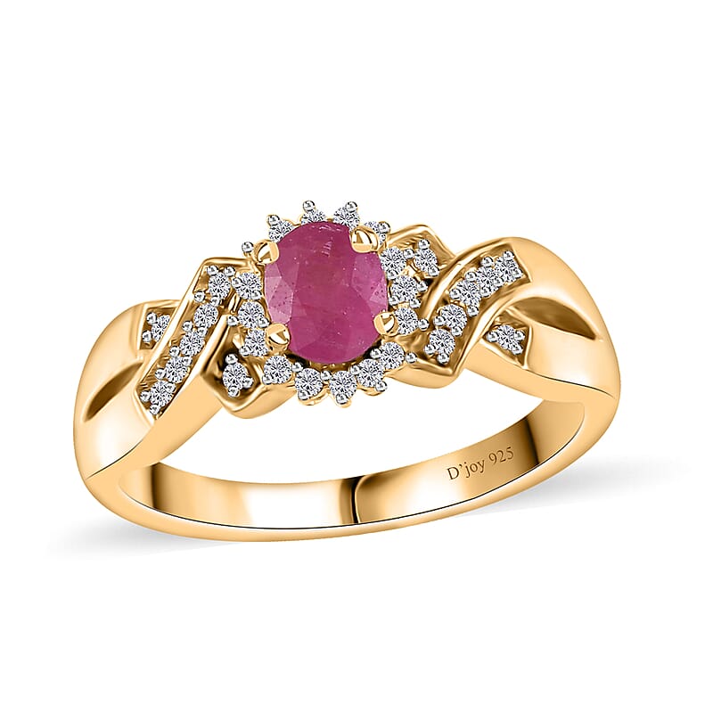 Montepuez Ruby and White Zircon Ring in Vermeil Yellow Gold Over Sterling Silver (Size 10.0) 0.60 ctw