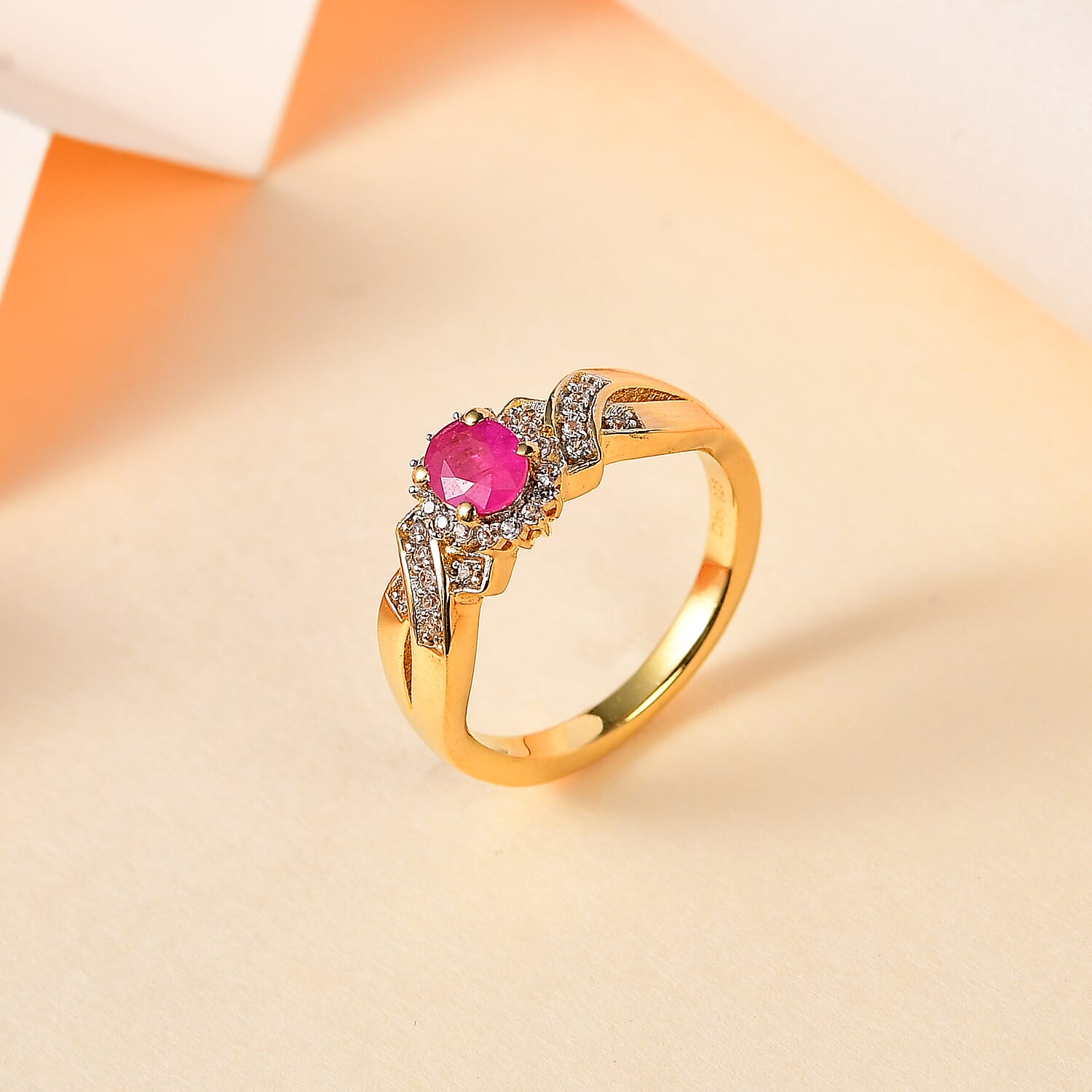 Montepuez Ruby and White Zircon Ring in Vermeil Yellow Gold Over Sterling Silver (Size 10.0) 0.60 ctw