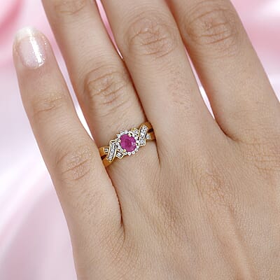 Montepuez Ruby and White Zircon Ring in Vermeil Yellow Gold Over Sterling Silver (Size 10.0) 0.60 ctw