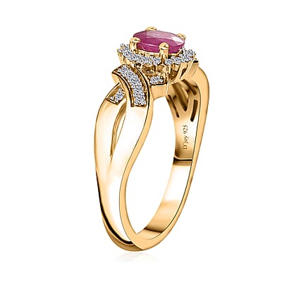 Montepuez Ruby and White Zircon Ring in Vermeil Yellow Gold Over Sterling Silver (Size 10.0) 0.60 ctw