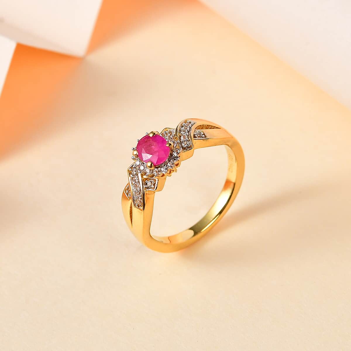 Montepuez Ruby and White Zircon Ring in Vermeil Yellow Gold Over Sterling Silver (Size 5.0) 0.60 ctw image number 1