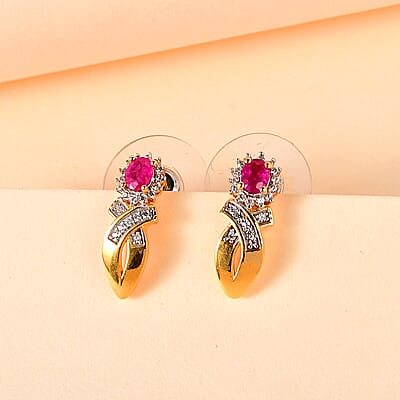 Montepuez Ruby and White Zircon Stud Earrings in Vermeil Yellow Gold Over Sterling Silver 0.75 ctw