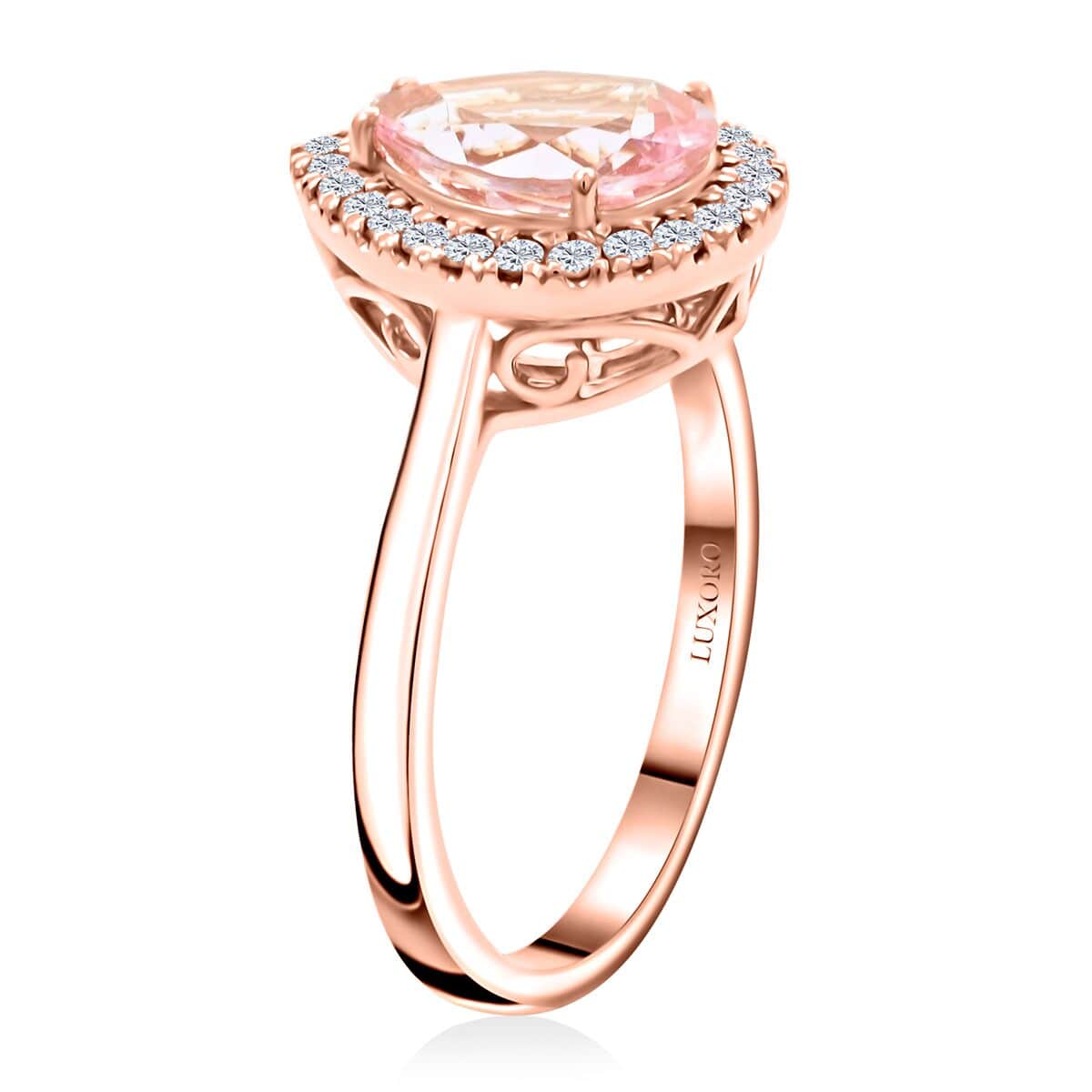 Certified & Appraised Luxoro 14K Rose Gold AAA Palmeiras Pink Morganite and I2 Diamond Halo Ring (Size 7.0) 2.20 ctw image number 3